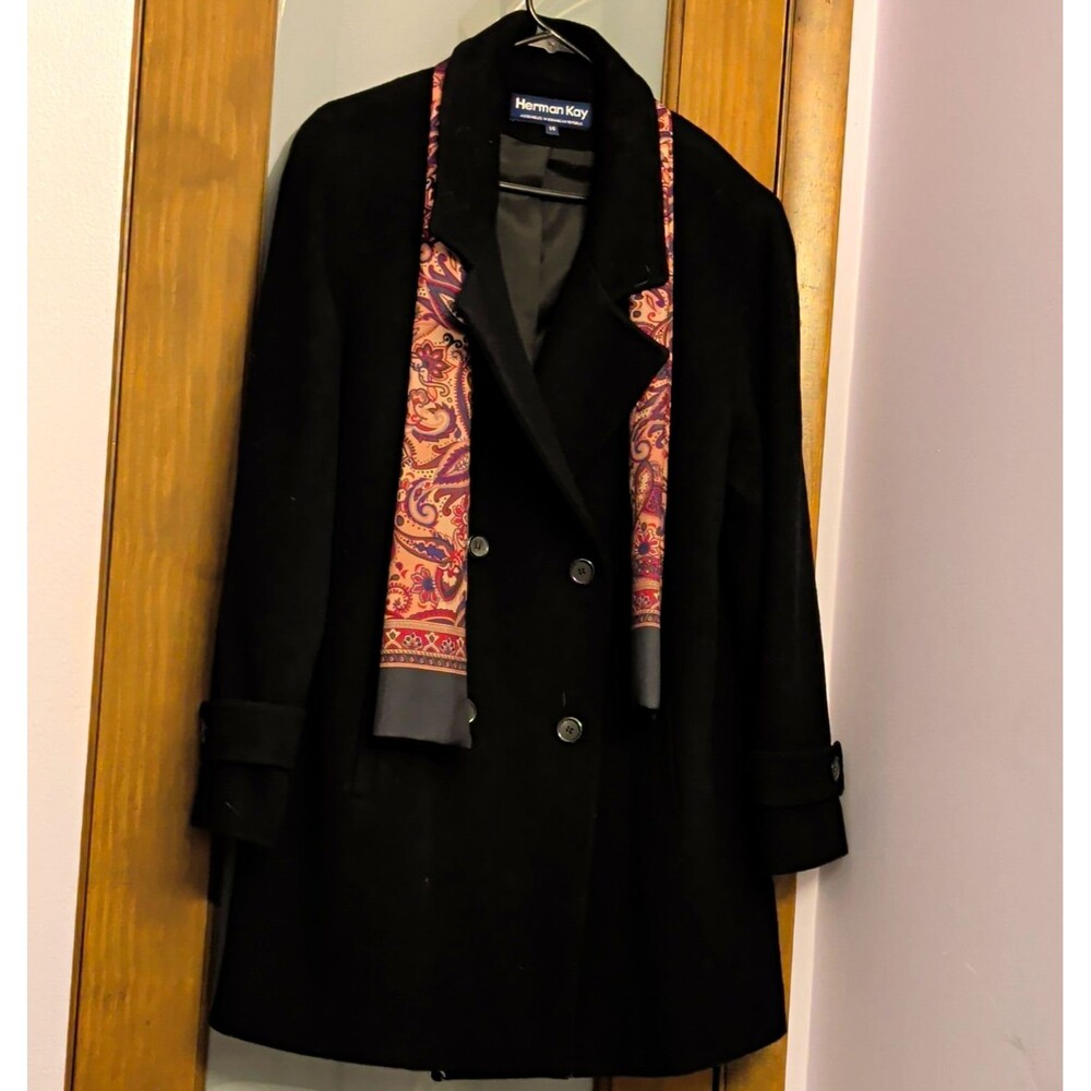 Herman Kay Black Wool Overcoat Button Front Collared Long Sleeve Womens 14